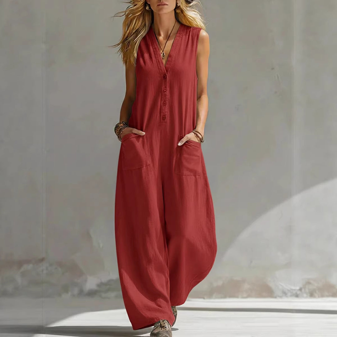 Damen Jumpsuit mit tiefem V-Ausschnitt und praktischen Taschen R&B