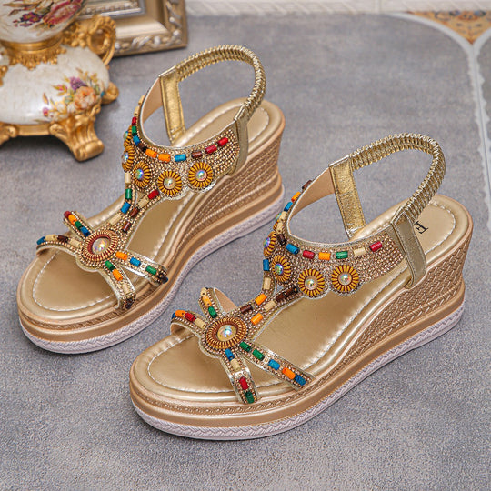 Damen Wedge-Sandalen mit buntem Schmuckdesign und komfortabler Sohle R&B