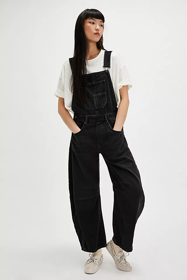 Damen lässige Denim-Latzhose im modernen Schnitt mit verstellbaren Trägern R&B