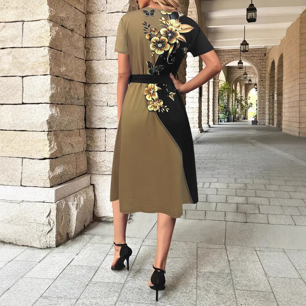 Damen Elegantes Freizeitkleid mit floralem Design und Taillengürtel R&B