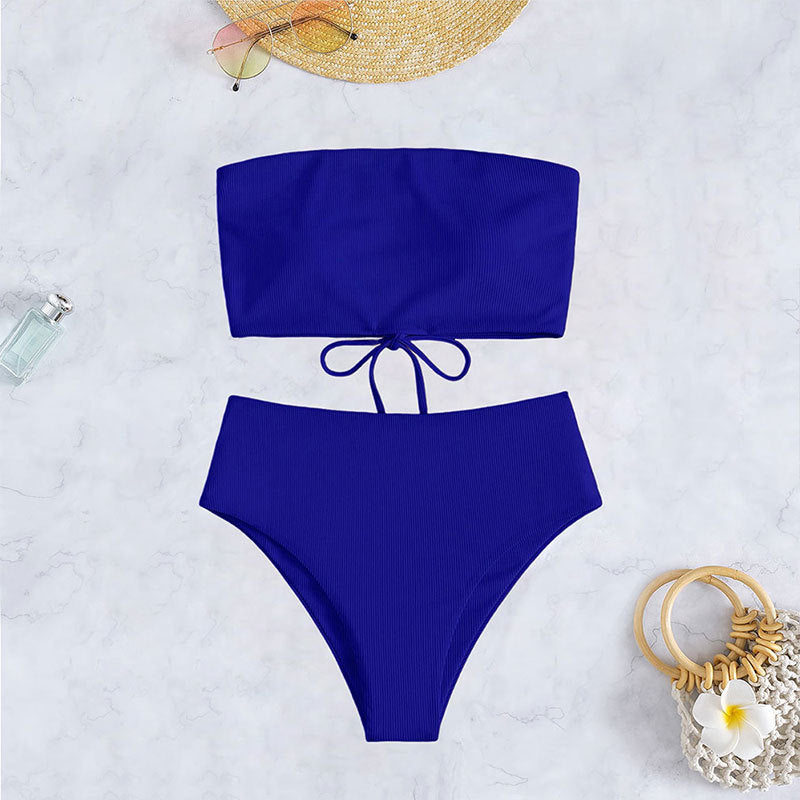 Damen Bandeau-Bikini-Set mit hohem Beinausschnitt und Bindedetails R&B