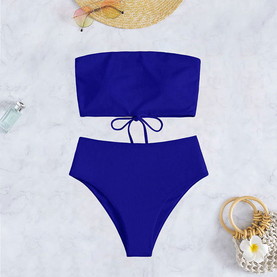 Damen Bandeau-Bikini-Set mit hohem Beinausschnitt und Bindedetails R&B