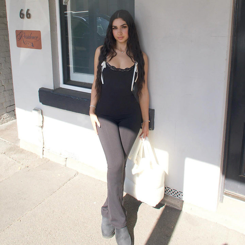 Damen Eleganter Jumpsuit mit Spitze und weitem Beinsaum R&B