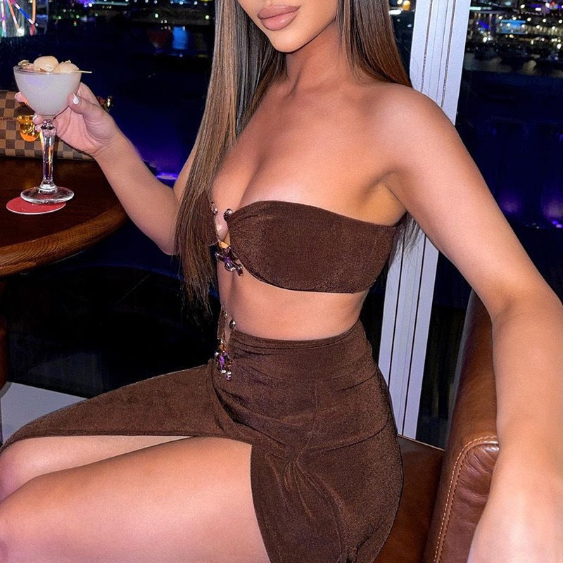Damen Stylisches Bandeau-Top und Maxi-Rock Set mit hohem Schlitz und eleganten Details R&B