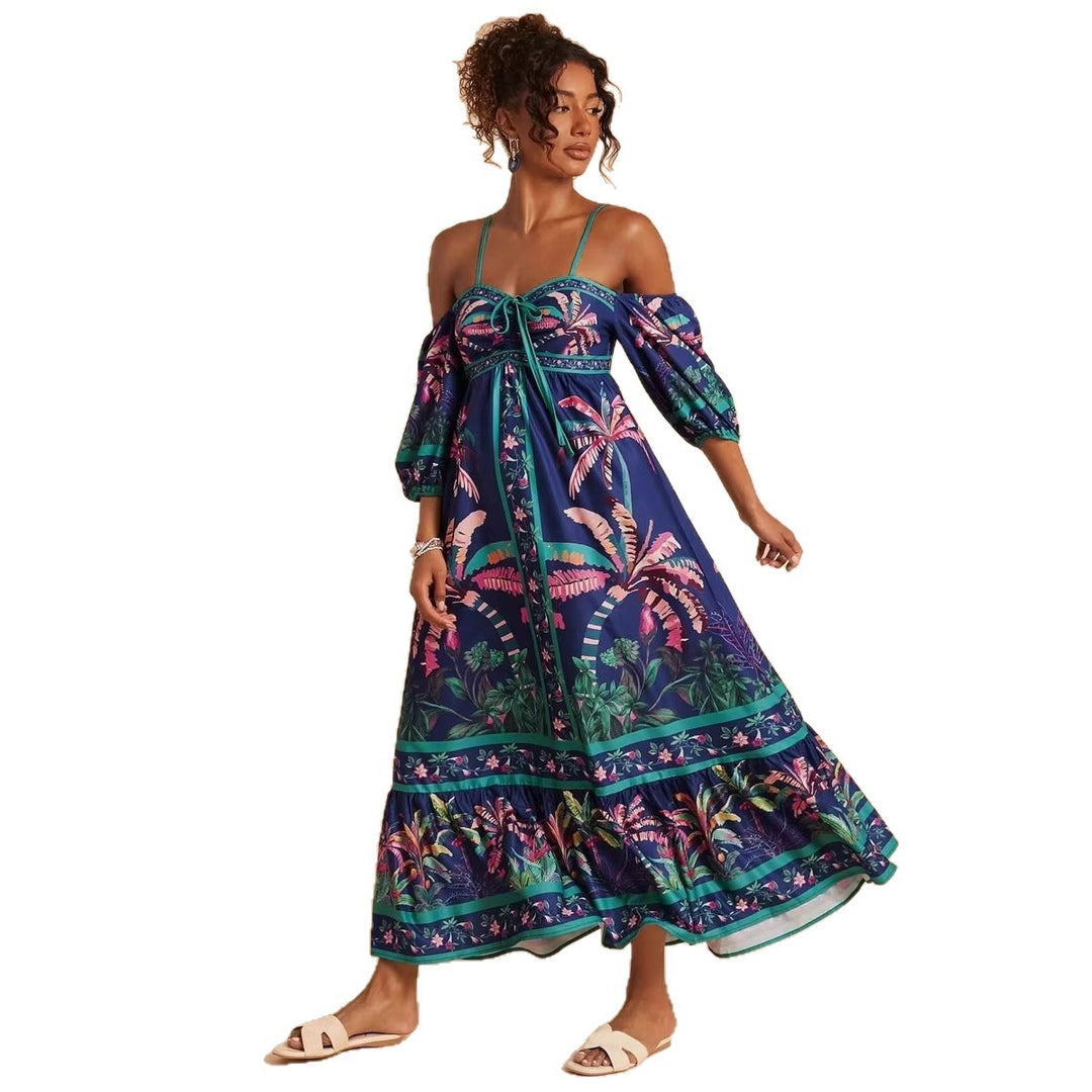 Damen Maxikleid mit schulterfreiem Design und tropischem Druck R&B
