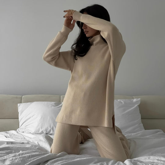 Damen elegantes und lässiges Strickset mit hochgeschlossenem Kragen R&B
