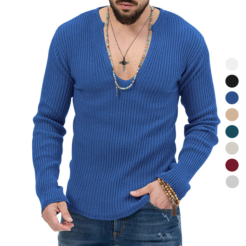 Herren lässiger Ripp-Pullover mit tiefem V-Ausschnitt und feiner Struktur R&B