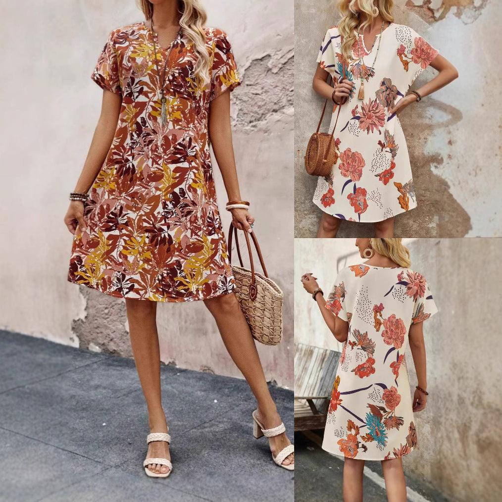 Damen Midikleid mit floralem Muster und modernem V-Ausschnitt R&B
