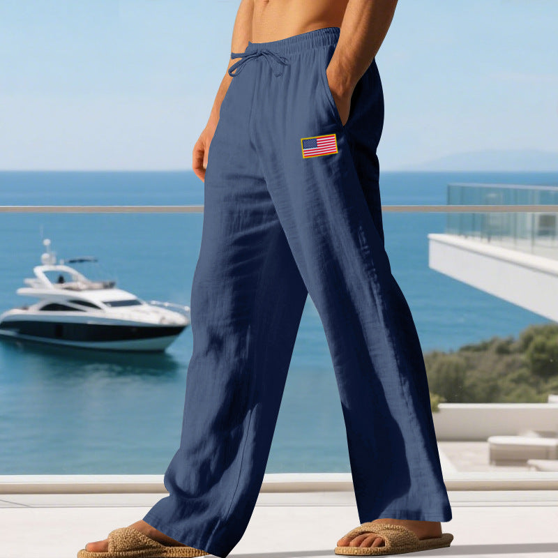 Herren lässige Strandhose mit amerikanischer Flaggen-Applikation und elastischem Bund R&B