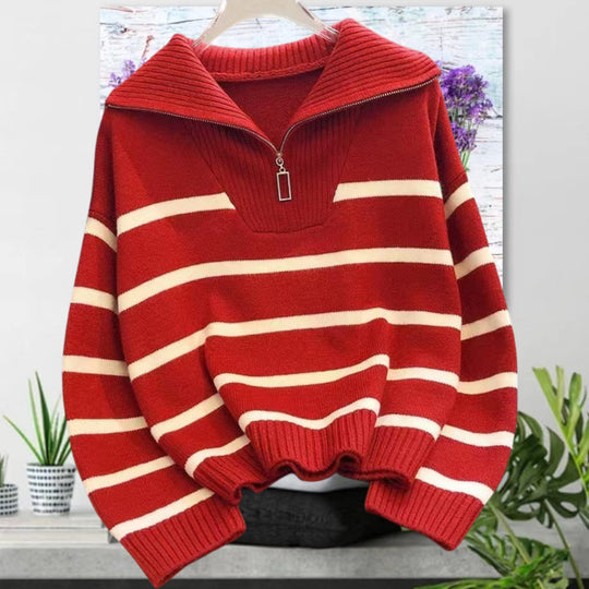Damen gestreifter Pullover mit hohem Kragen und Reißverschluss R&B