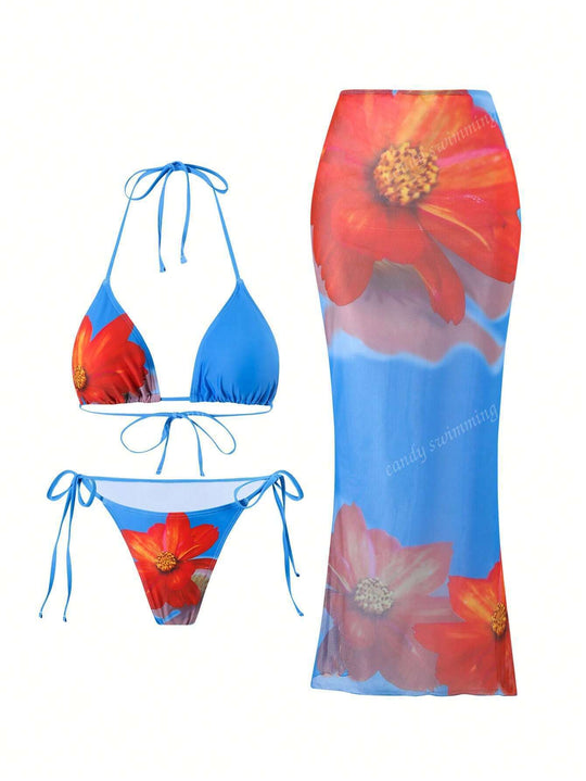 Damen Triangel-Bikini-Set mit floralen Mustern und transparentem Maxirock R&B