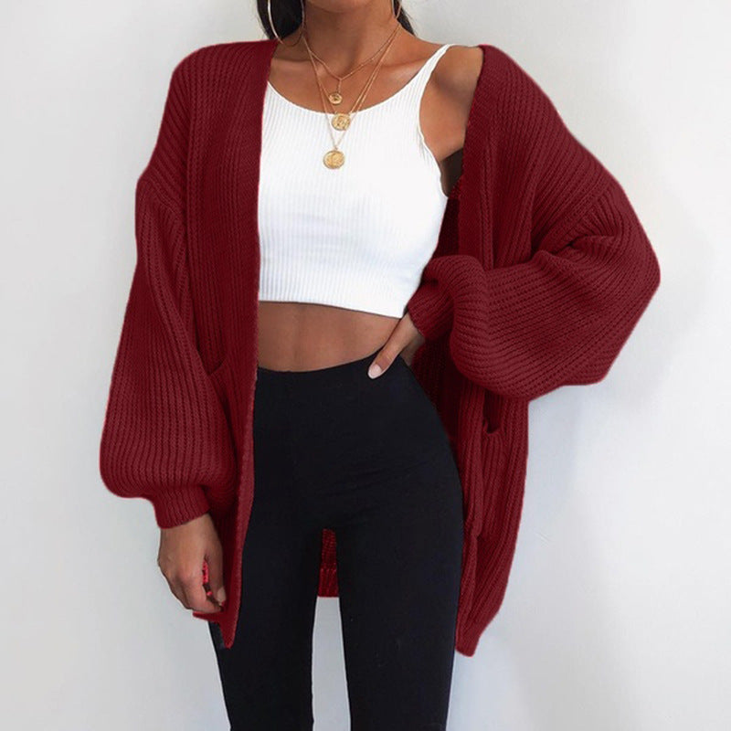 Damen Grobstrick-Cardigan mit weitem Schnitt und lässigen Puffärmeln R&B