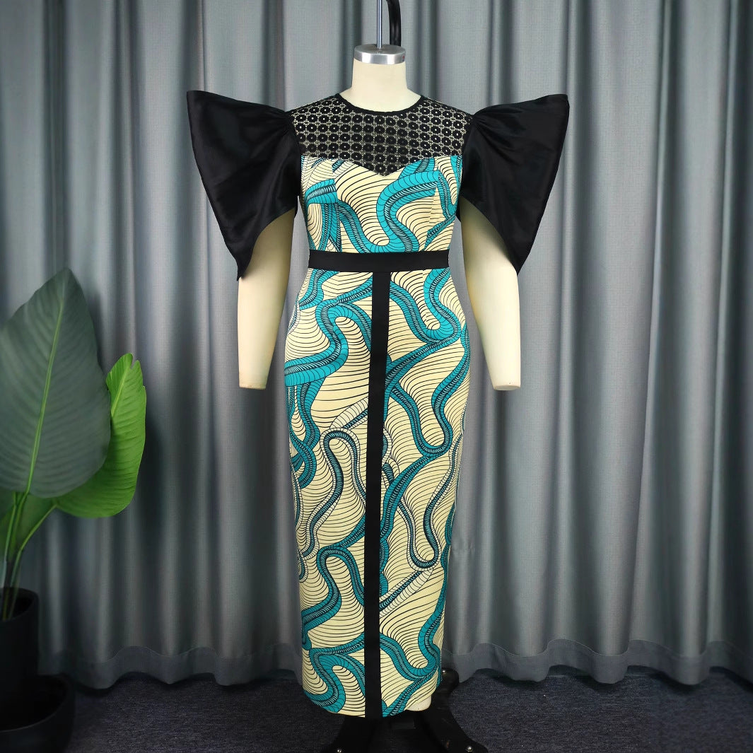 Damen Elegantes Maxikleid mit Volumenärmel und einzigartigem Muster R&B