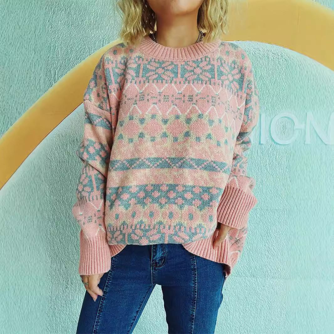 Damen gemütlicher Strickpullover mit winterlichem Muster und lässigem Schnitt R&B