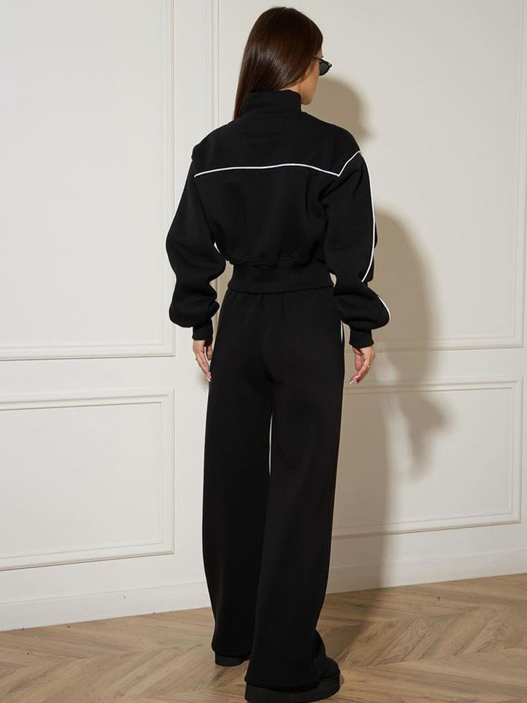 Damen modische Sweatjacke mit hochgeschlossenem Kragen und feinen Kontrastnähten R&B