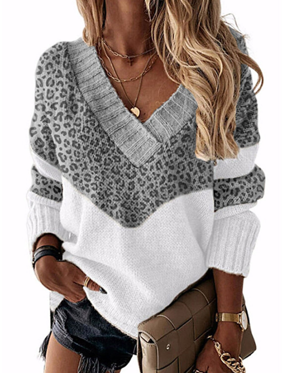 Damen modischer V-Ausschnitt Pullover mit Leopardenmuster R&B
