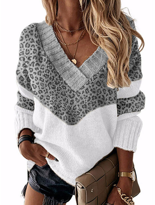 Damen V-Ausschnitt Pullover mit Leopardenmuster R&B