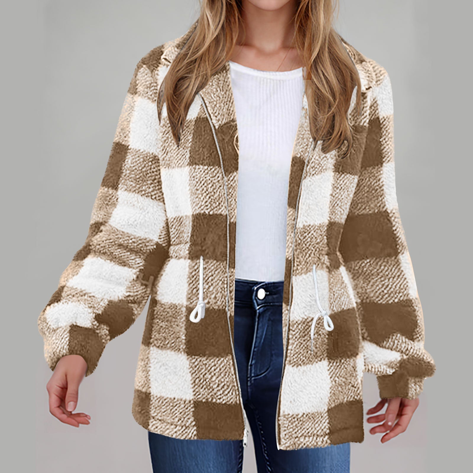Damen Fleecejacke mit modischem Karomuster und praktischen Taschen