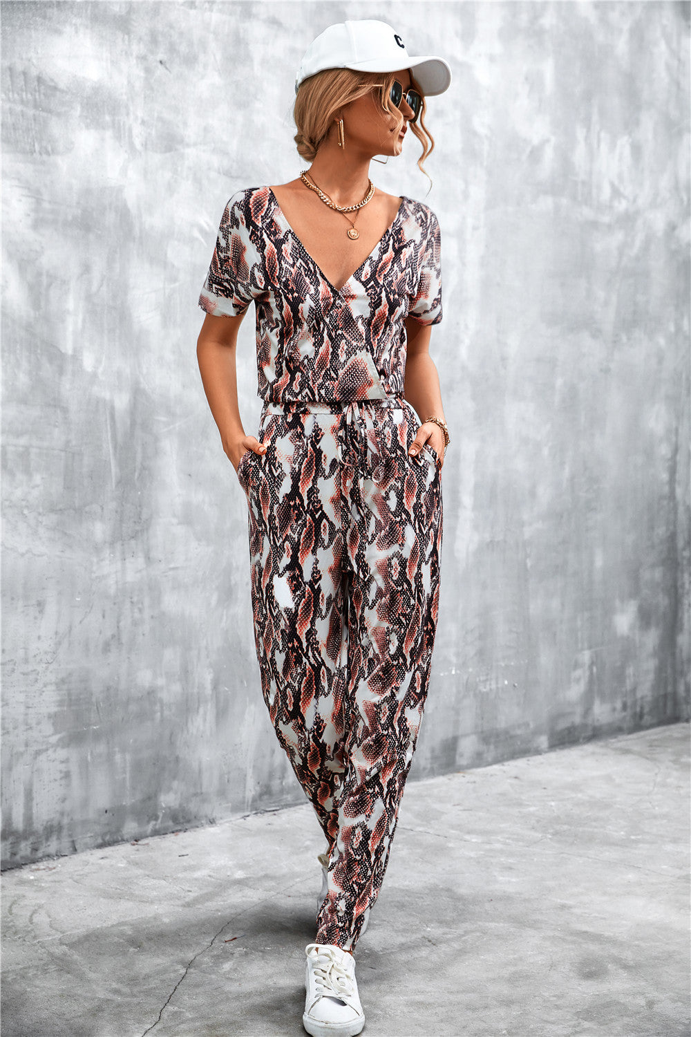 Damen elegante Jumpsuit im Snake-Print-Stil mit Taillengürtel und V-Ausschnitt R&B
