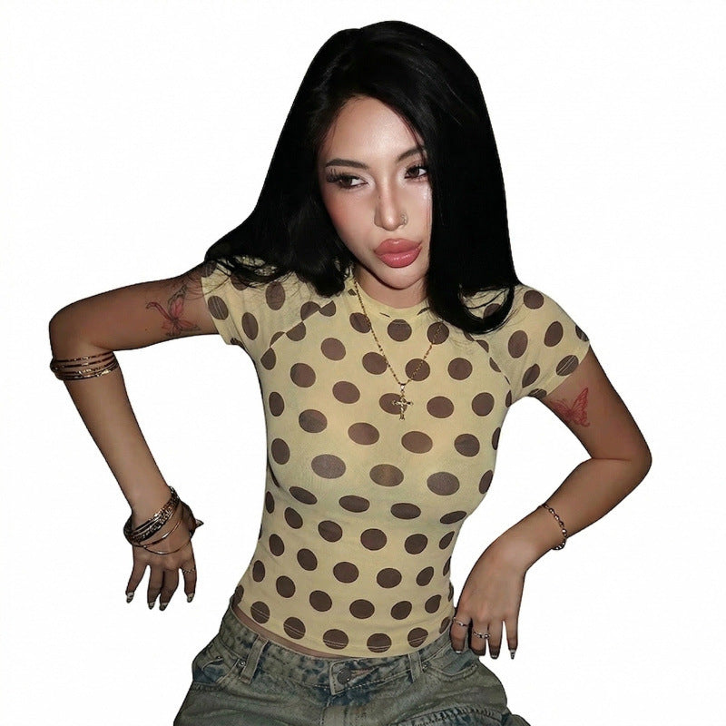 Damen Figurbetontes Kurzarmshirt mit modernen Punktedesign R&B
