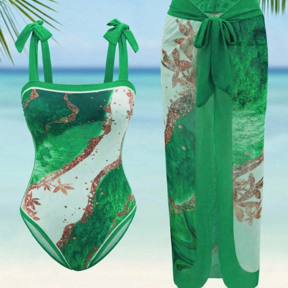 Damen Eleganter Einteiler Badeanzug mit passendem Strandrock R&B