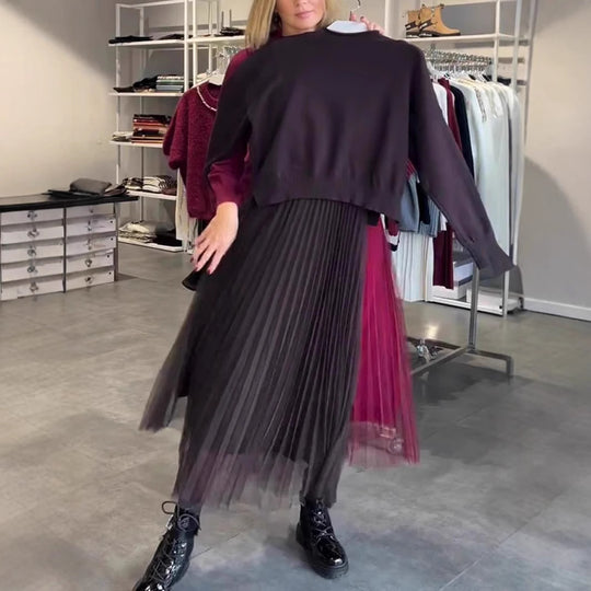 Damen Elegantes Faltenrock- und Pullover Set R&B