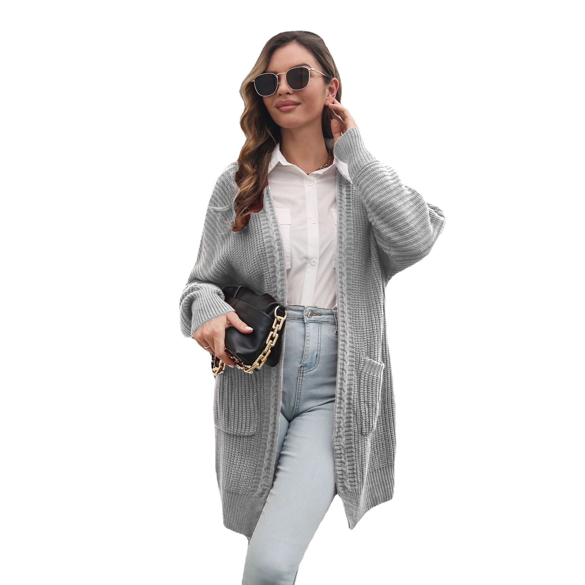 Damen Lässige Strickjacke mit tiefem V-Ausschnitt und praktischen Taschen R&B