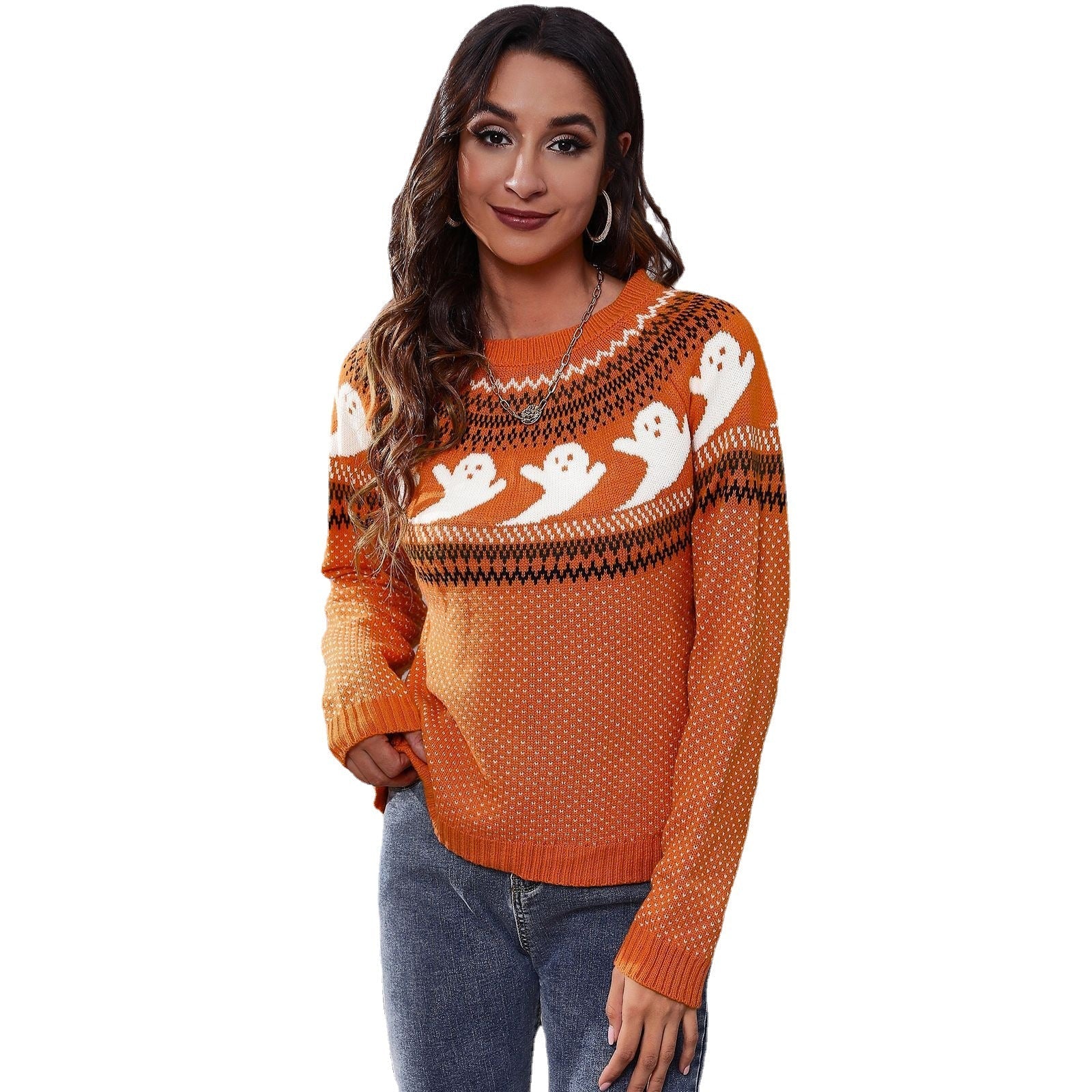 Damen Strickpullover mit gruseligem Geister-Motiv R&B