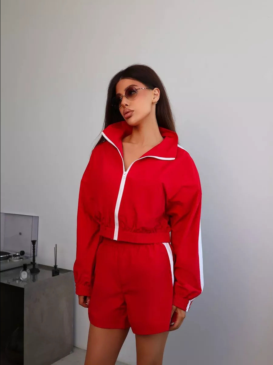 Damen sportliches Set aus funktional atmungsaktivem Material mit Reißverschluss und elastischem Bund R&B