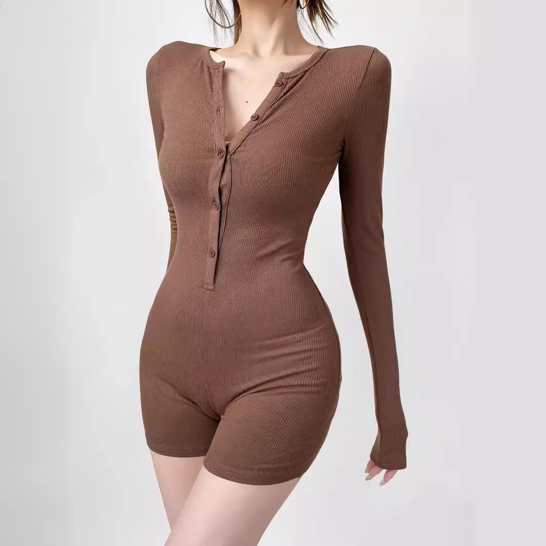 Damen Langarm-Jumpsuit mit Knopfverschluss R&B