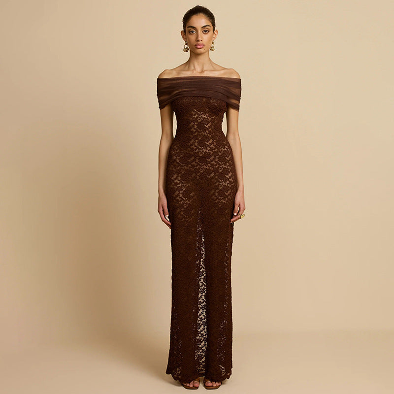 Damen Elegantes Spitzenabendkleid mit schulterfreiem Design und raffiniertem Schlitz R&B