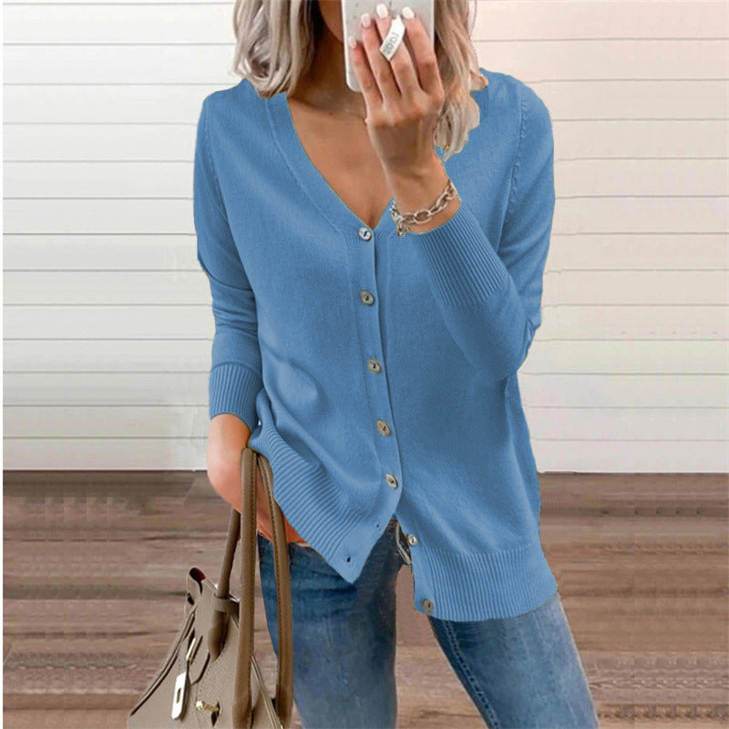 Damen Strickjacke mit Modernen Knopfdetails und Tiefem V-Ausschnitt R&B