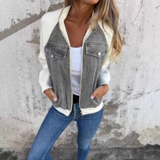 Damen lässige Sweaterjacke mit Denim-Style und Fleeceärmeln R&B