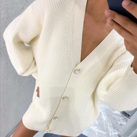 Damen Übergroße Strickjacke mit tiefem V-Ausschnitt und eleganten Knöpfen R&B