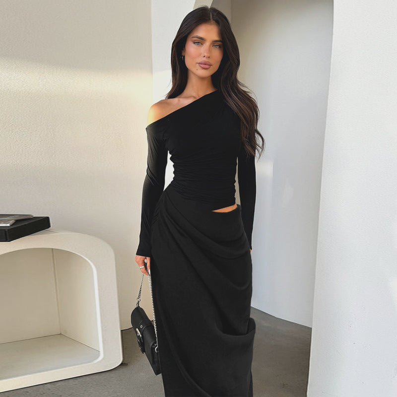 Damen elegantes Wickelkleid mit asymmetrischem Schnitt und langen Ärmeln R&B