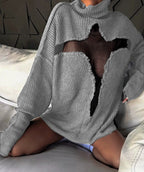 Damen Oversized Strickpullover mit aufregendem Mesh-Einsatz und unkonventionellem Design R&B