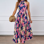 Damen Plissiertes Maxikleid mit tiefem Halterneck und floraler Taillierung R&B