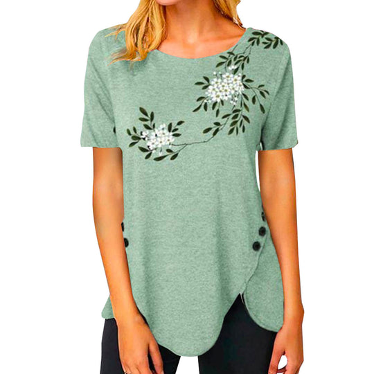 Damen lässiges T-Shirt mit dekorativem Floraldesign und asymmetrischem Saum R&B