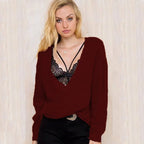 Damen Grobstrickpullover mit tiefem V-Ausschnitt und lässigem Schnitt R&B