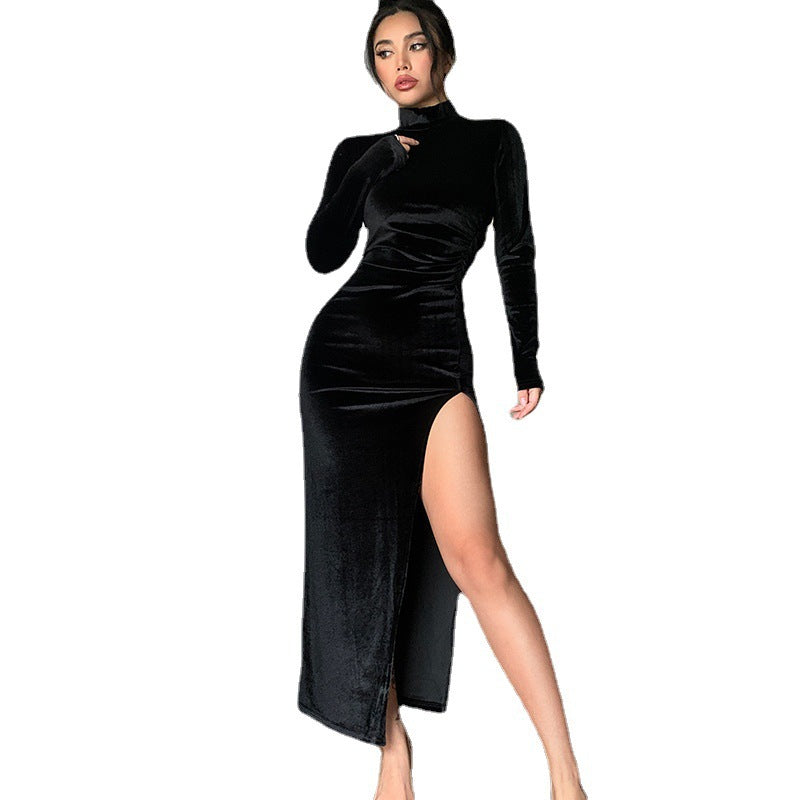 Damen Elegantes Langarm-Wickelkleid aus weichem Veloursstoff mit hohem Schlitz R&B