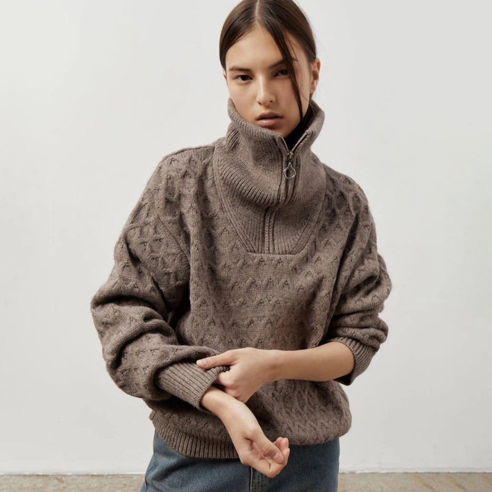 Damen Gemusterter Strickpullover mit hohem Kragen und Halbreißverschluss R&B