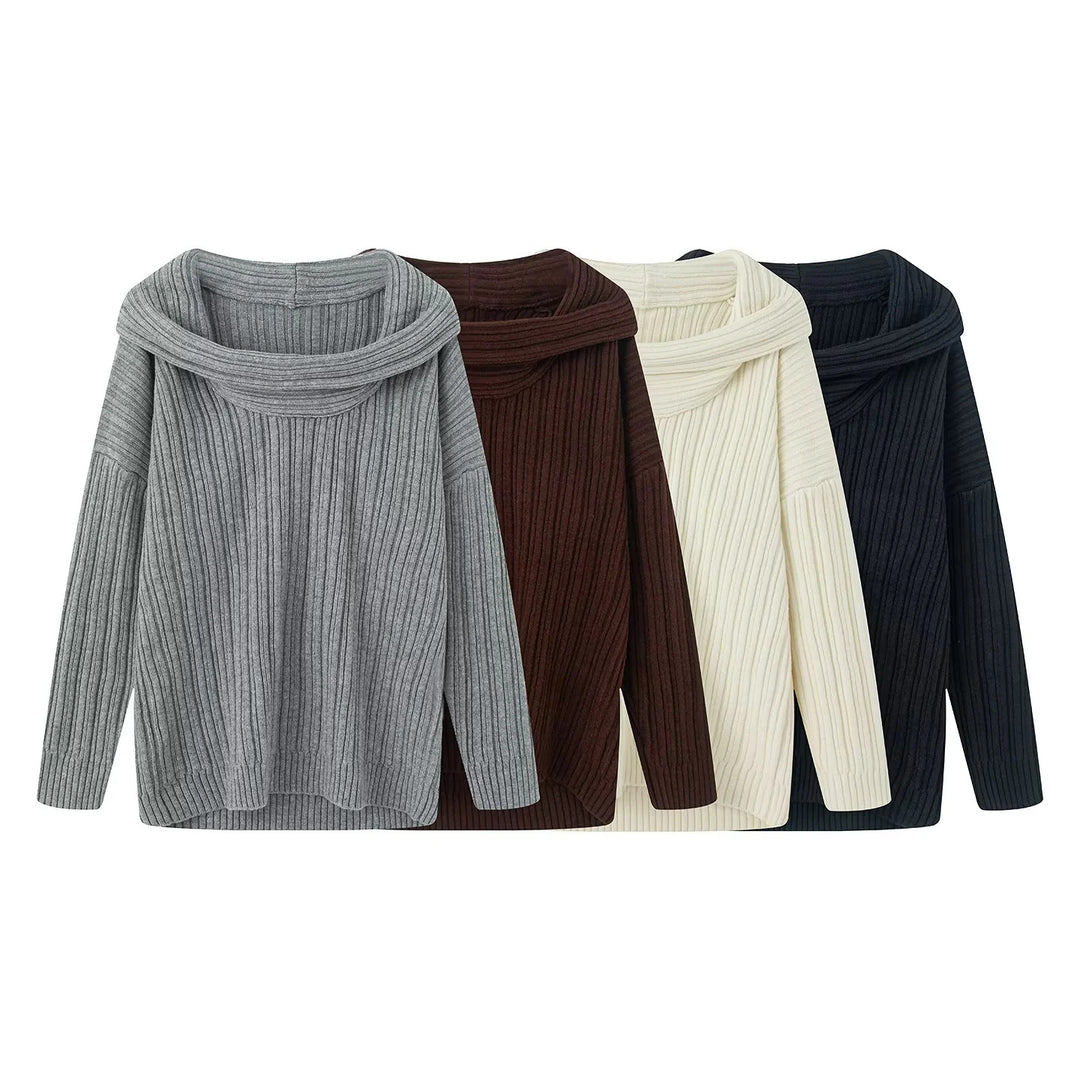 Damen lässiger Strickpullover mit weitem Rollkragen und Rippenstruktur R&B