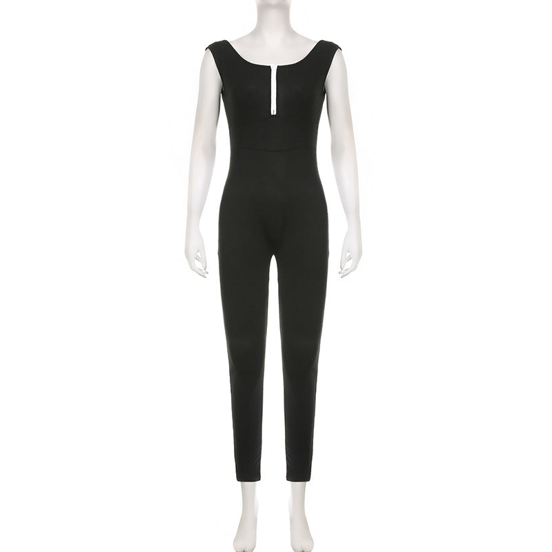 Damen figurbetonter Jumpsuit mit elegantem Reißverschluss und schmalem Bein R&B