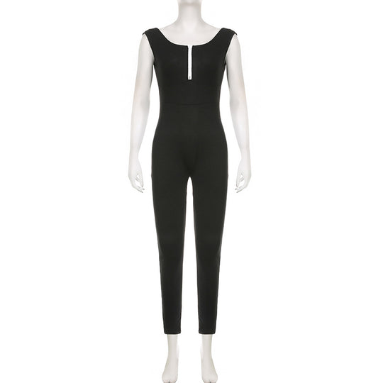 Damen figurbetonter Jumpsuit mit elegantem Reißverschluss und schmalem Bein R&B