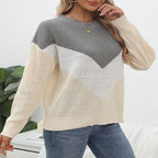 Damen Strickpullover mit V-Ausschnitt und Farbblockdesign