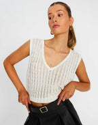 Damen luftiges Strick-Oberteil mit V-Ausschnitt und feinmaschigem Design R&B