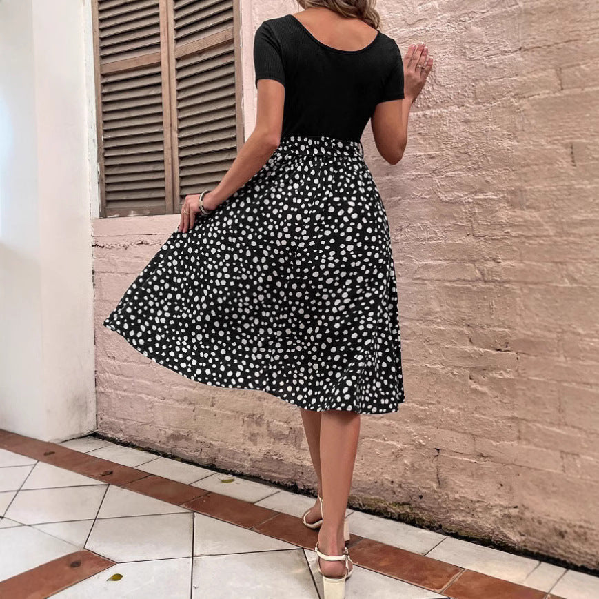 Damen Polka-Dots Kleid mit weitem Rock und Taillengürtel R&B