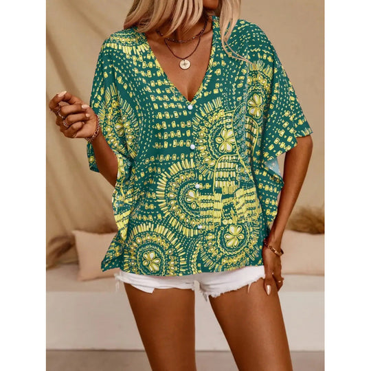 Damen Strandbluse im lässigen Boho-Stil mit bunten Mustern und voluminösen Ärmeln R&B