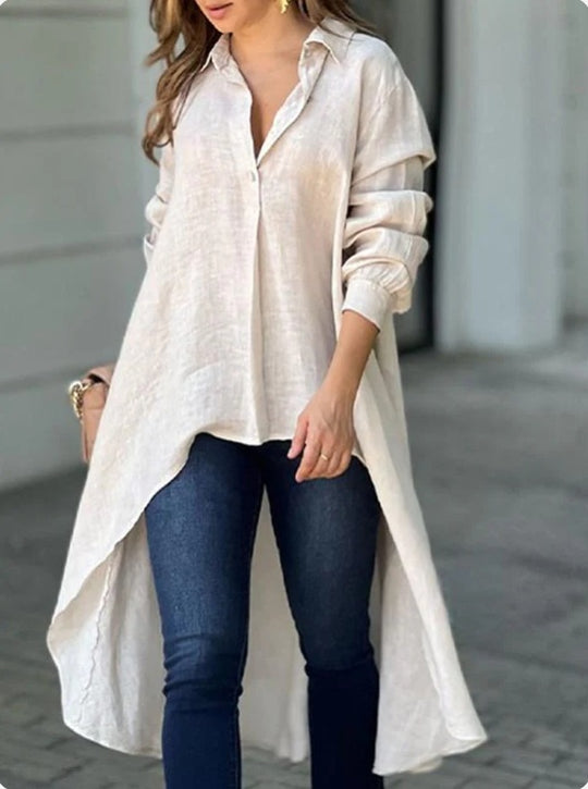 Damen Lässige Langarmbluse mit asymmetrischem Schnitt und Knopfdetails R&B