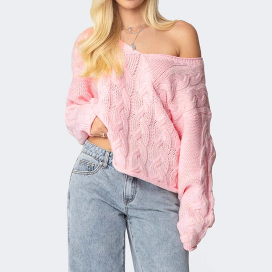 Damen Grobstrickpullover mit tiefem V-Ausschnitt und lässiger Silhouette R&B